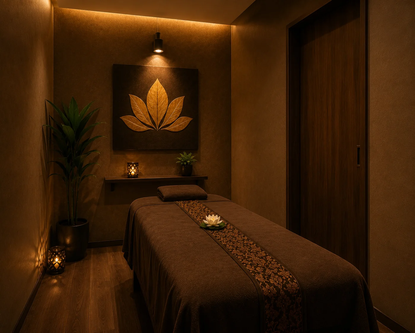 Candle-lit treatment room with gold lotus artwork at Mallorca Luxury Spa, Malad West